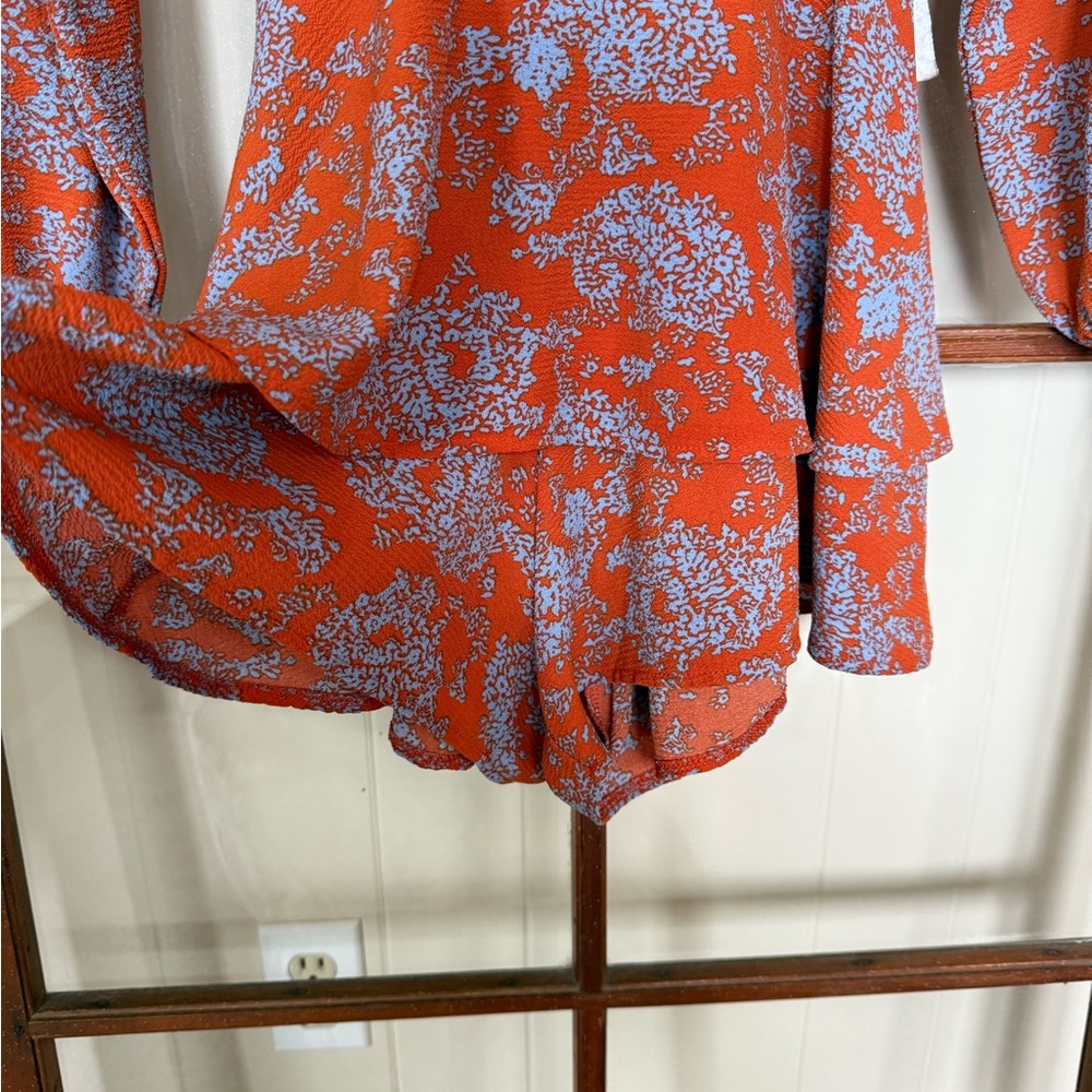 Floral Print Blue and Orange V Neck Long Sleeve Tiered Ruffle Romper - Small - Picture 6 of 10